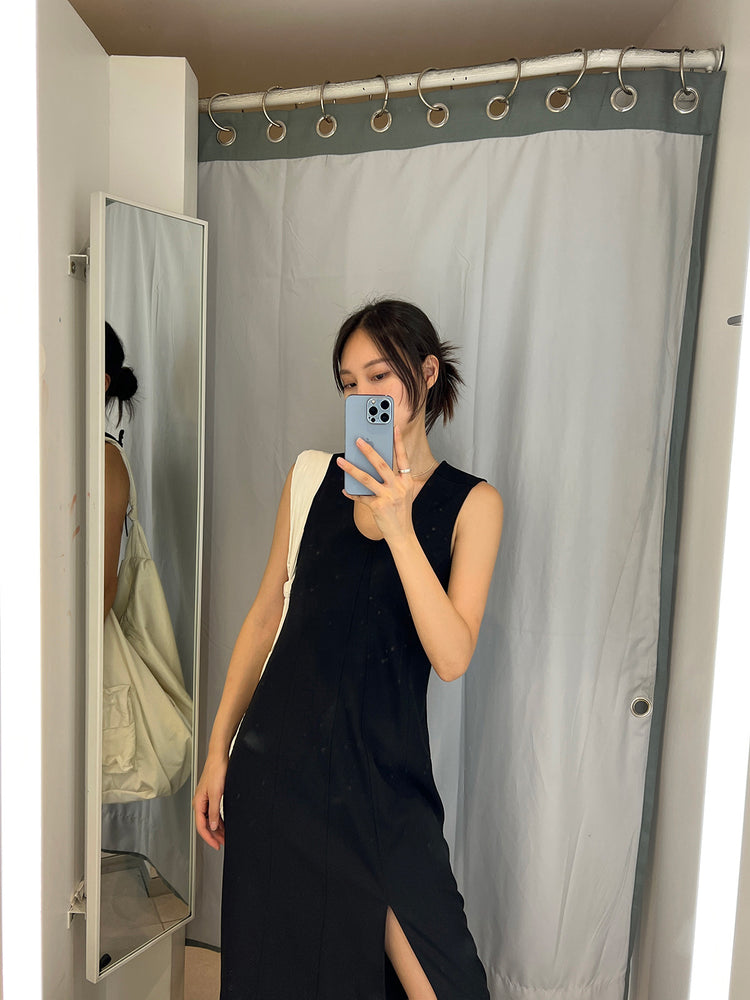 (現)高質不對稱開叉壓線連身裙