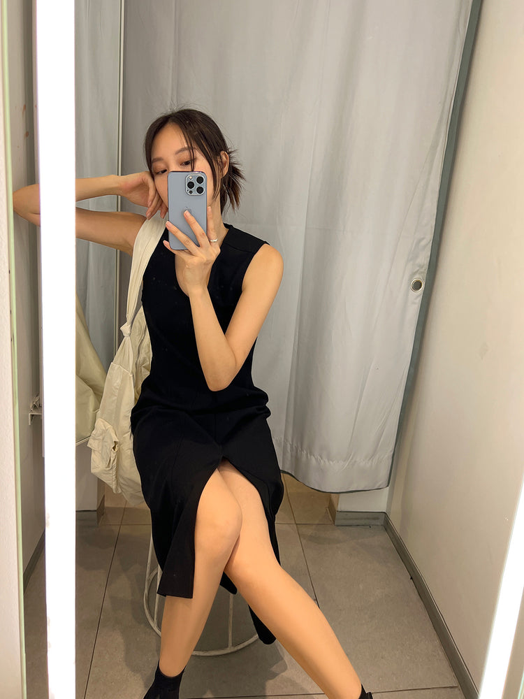 (現)高質不對稱開叉壓線連身裙