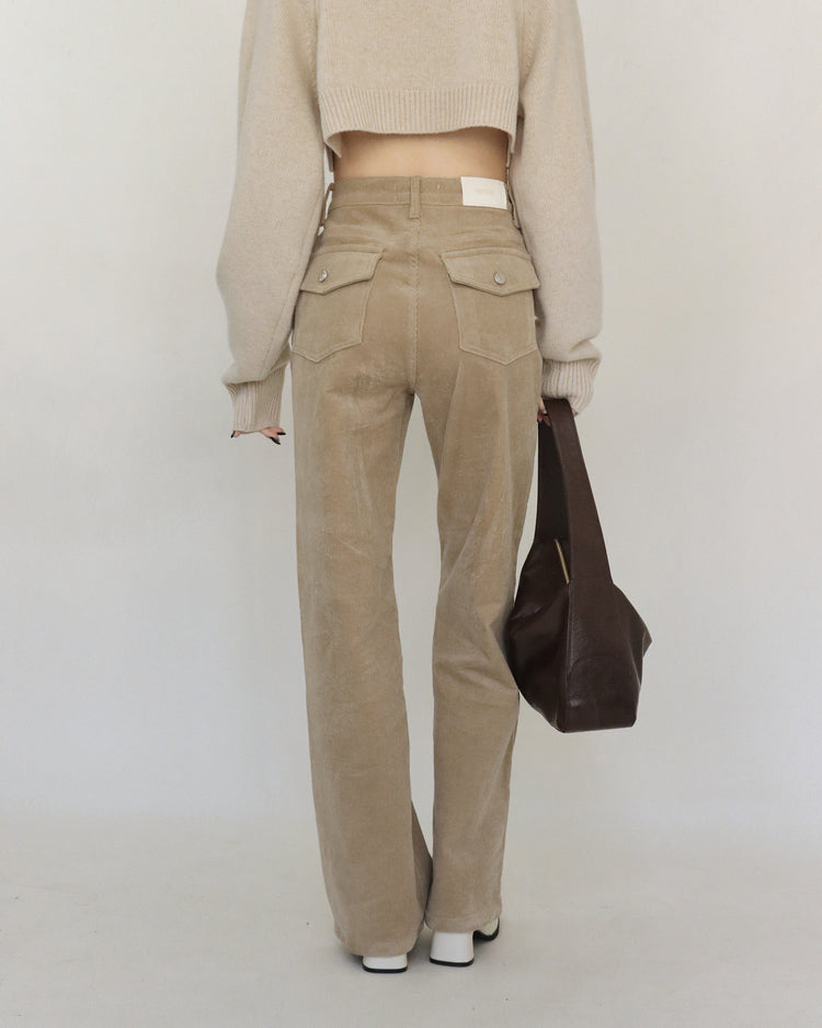 (現)燈芯絨口袋細節直筒褲-灰粉