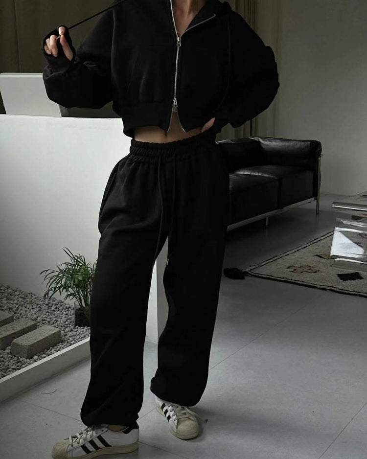 (現)指扣細節修腰內刷毛休閒套裝