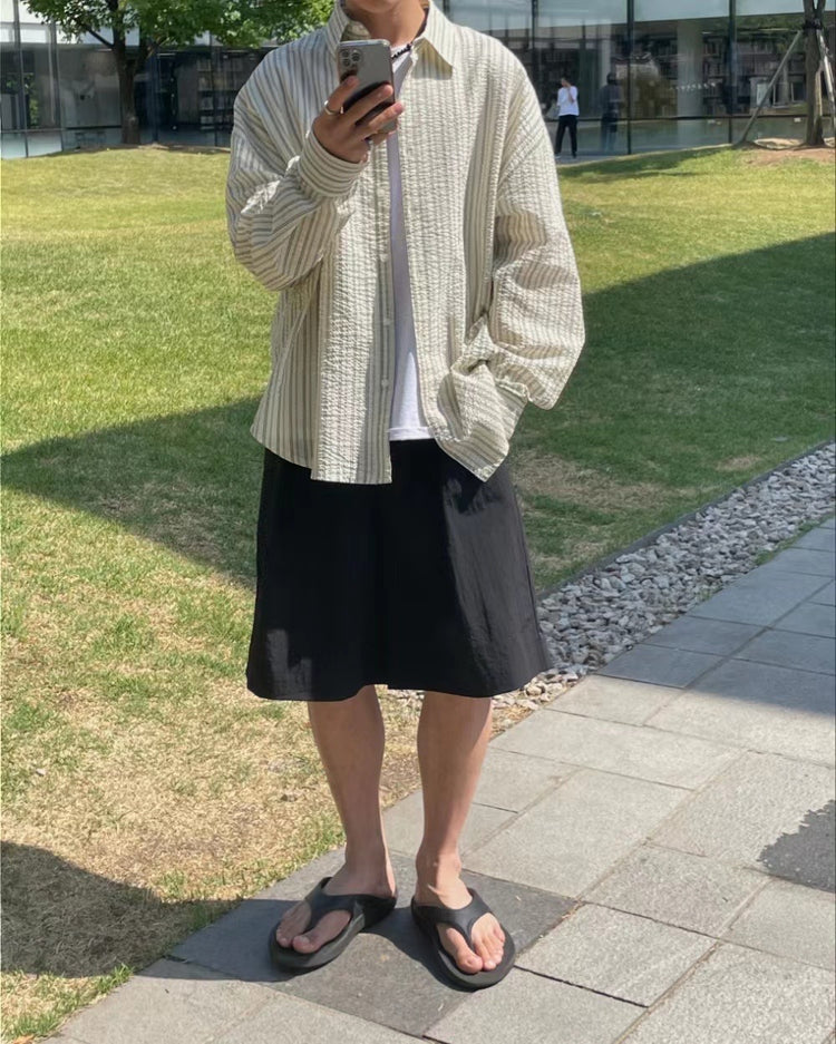 (現)Unisex條紋撞色細節襯衫