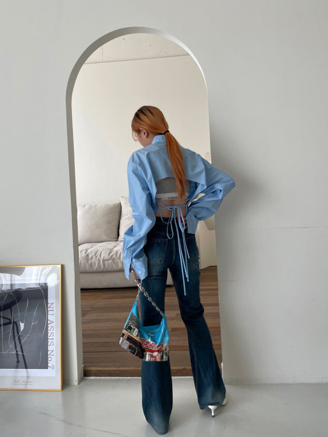 (現)露腰綁帶細節修腰襯衫