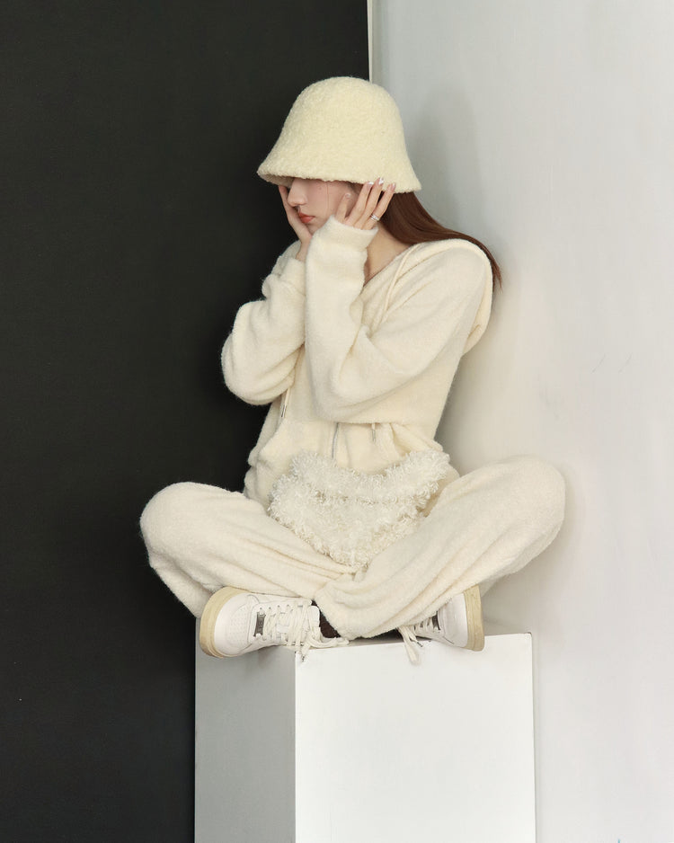 (現)毛巾質感連帽休閒套裝-象牙白