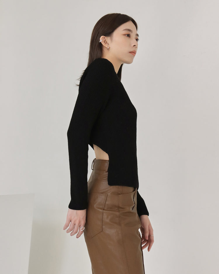 (現)露腰細節針織上衣-棕咖