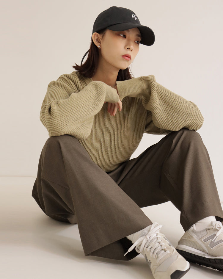 (現)高質束口設計針織衫-橄欖綠