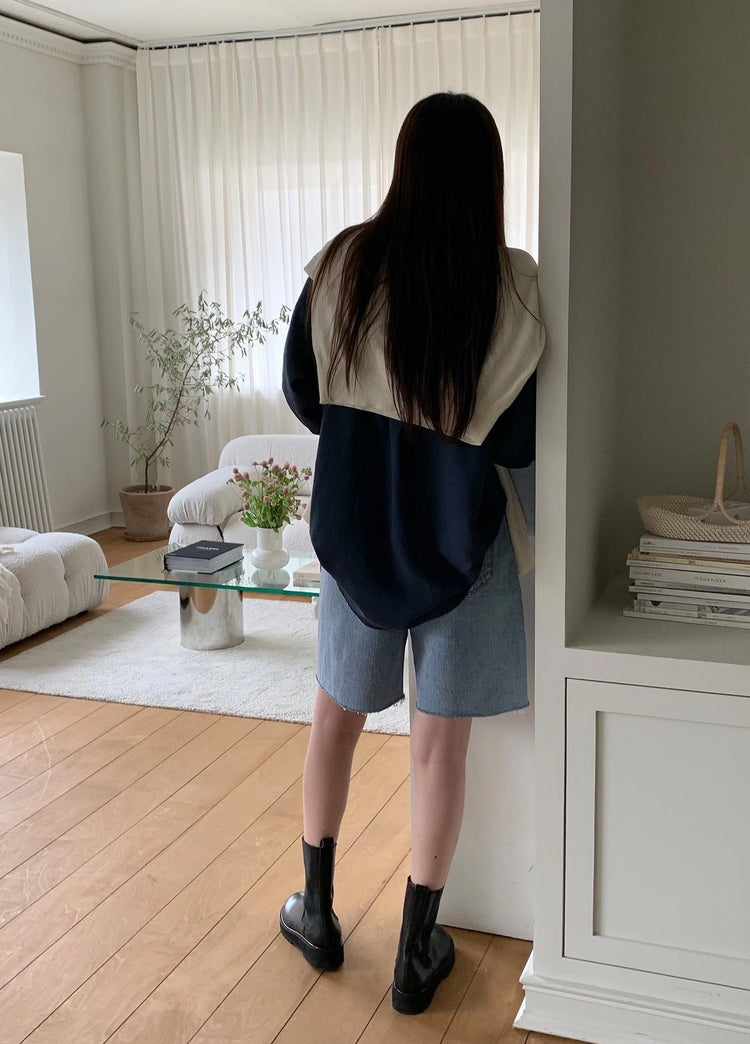 (現)不修邊細節五分牛仔褲-藍