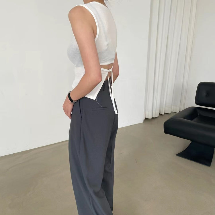 (現)細紋露腰綁帶背心