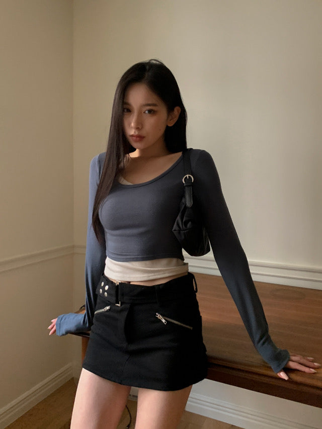 (現)金屬感細節低腰裙褲
