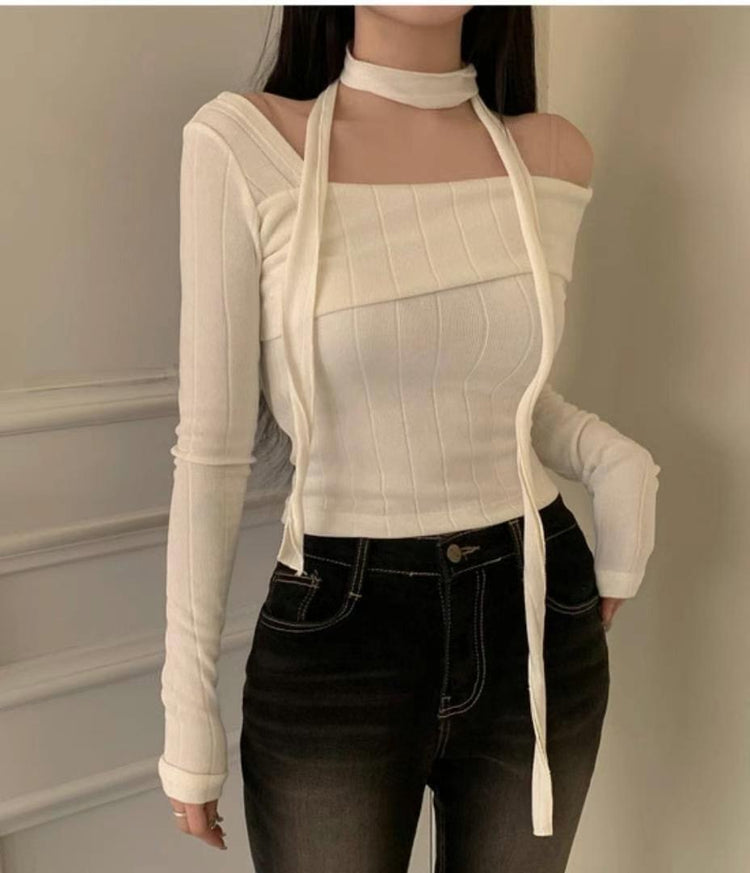 (現)美肩圍巾式設計感上衣