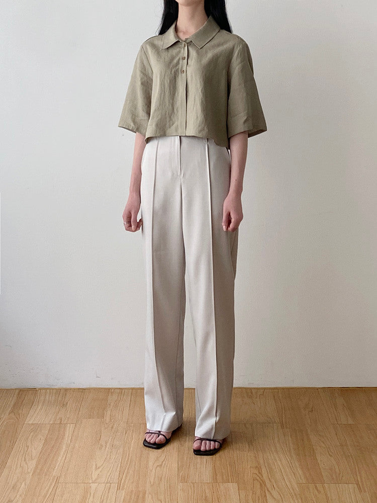 (現)麻質質感短襯衫-灰綠
