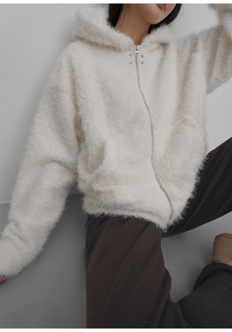 毛絨雙拉鏈鐵環細節連帽外套
