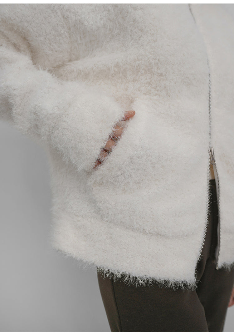 毛絨雙拉鏈鐵環細節連帽外套