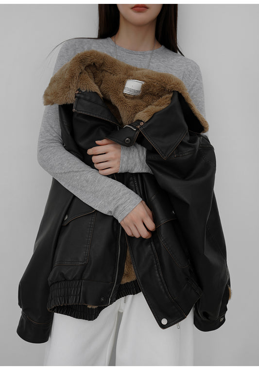 復古毛毛領保暖皮外套(可拆領)