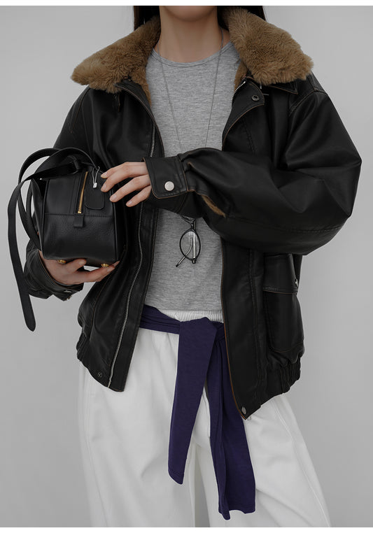 復古毛毛領保暖皮外套(可拆領)