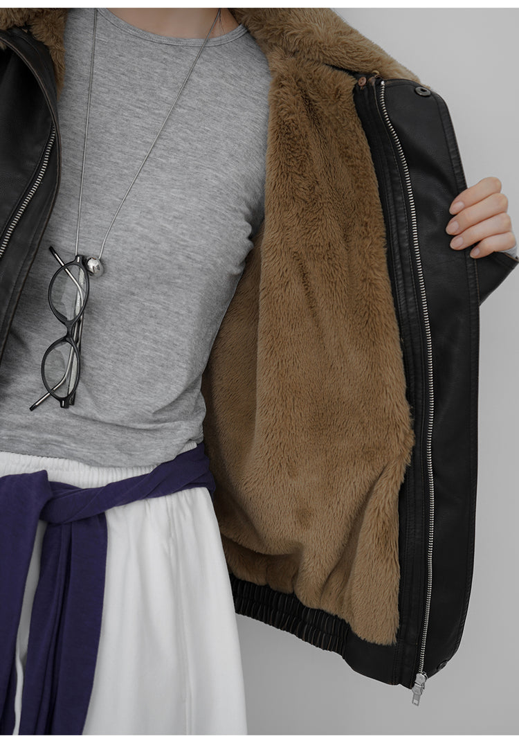 復古毛毛領保暖皮外套(可拆領)