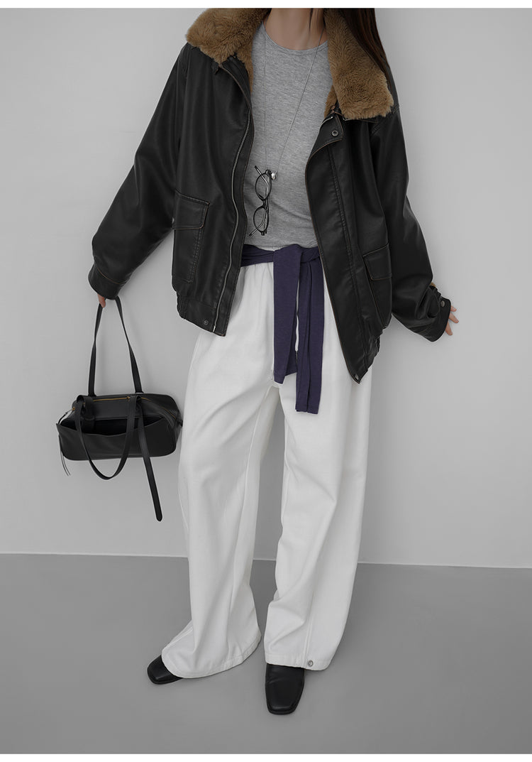 復古毛毛領保暖皮外套(可拆領)