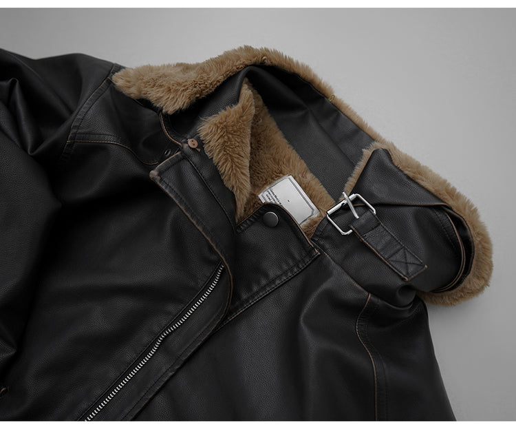 復古毛毛領保暖皮外套(可拆領)