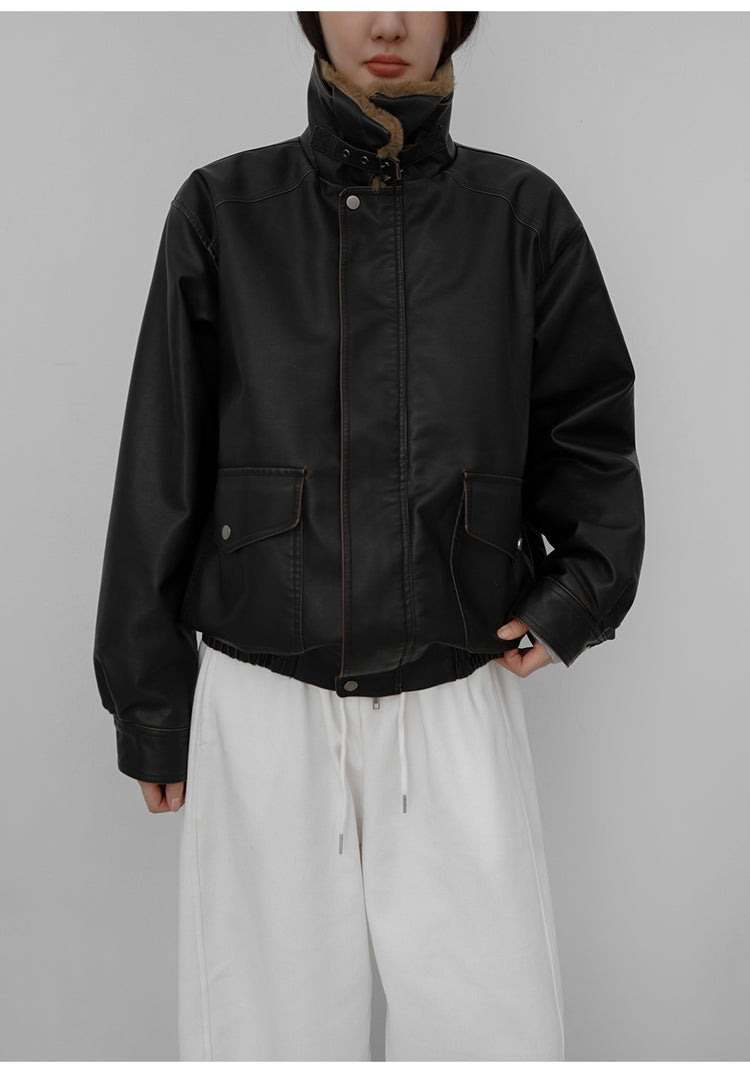 復古毛毛領保暖皮外套(可拆領)