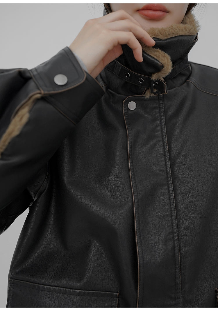 復古毛毛領保暖皮外套(可拆領)