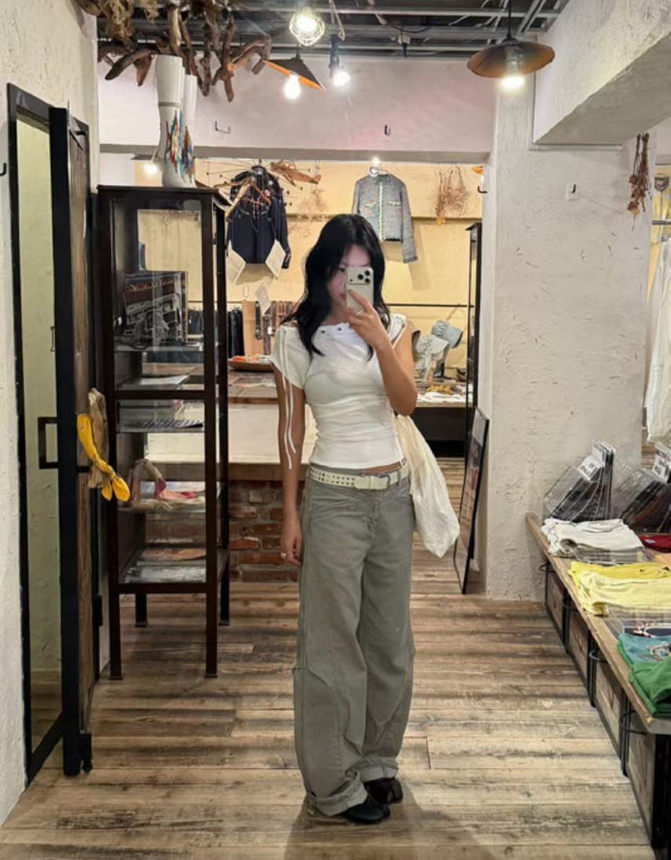 美肩鉚釘綁帶細節修身上衣