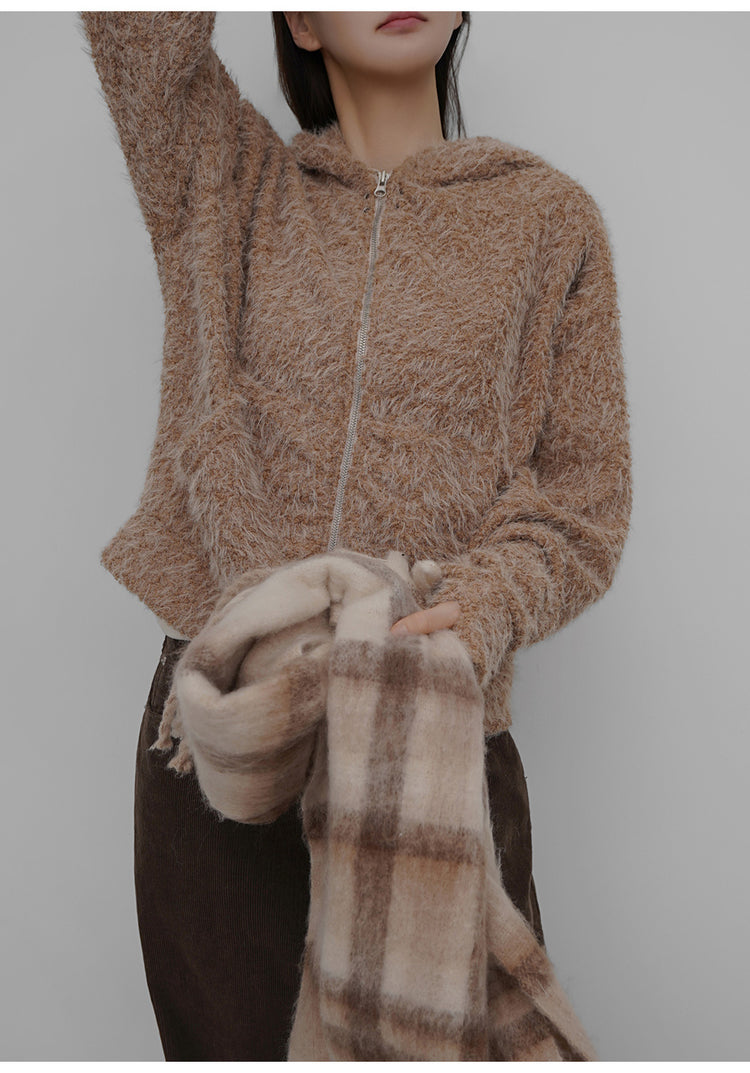 毛絨雙拉鏈鐵環細節連帽外套