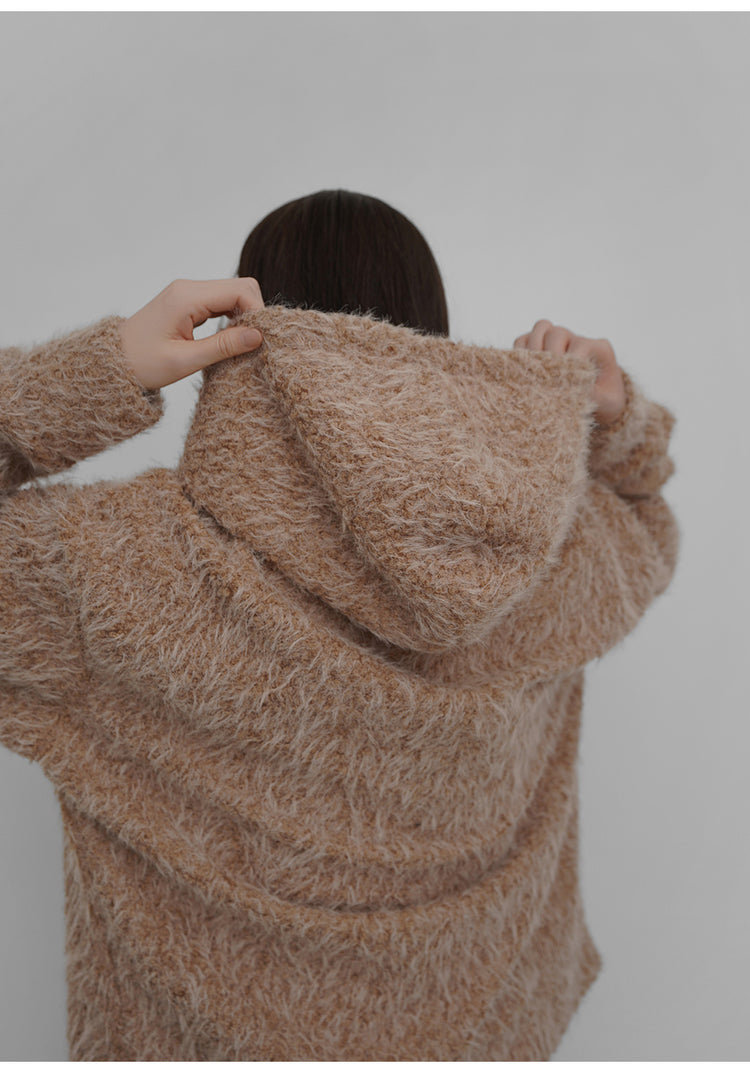 毛絨雙拉鏈鐵環細節連帽外套