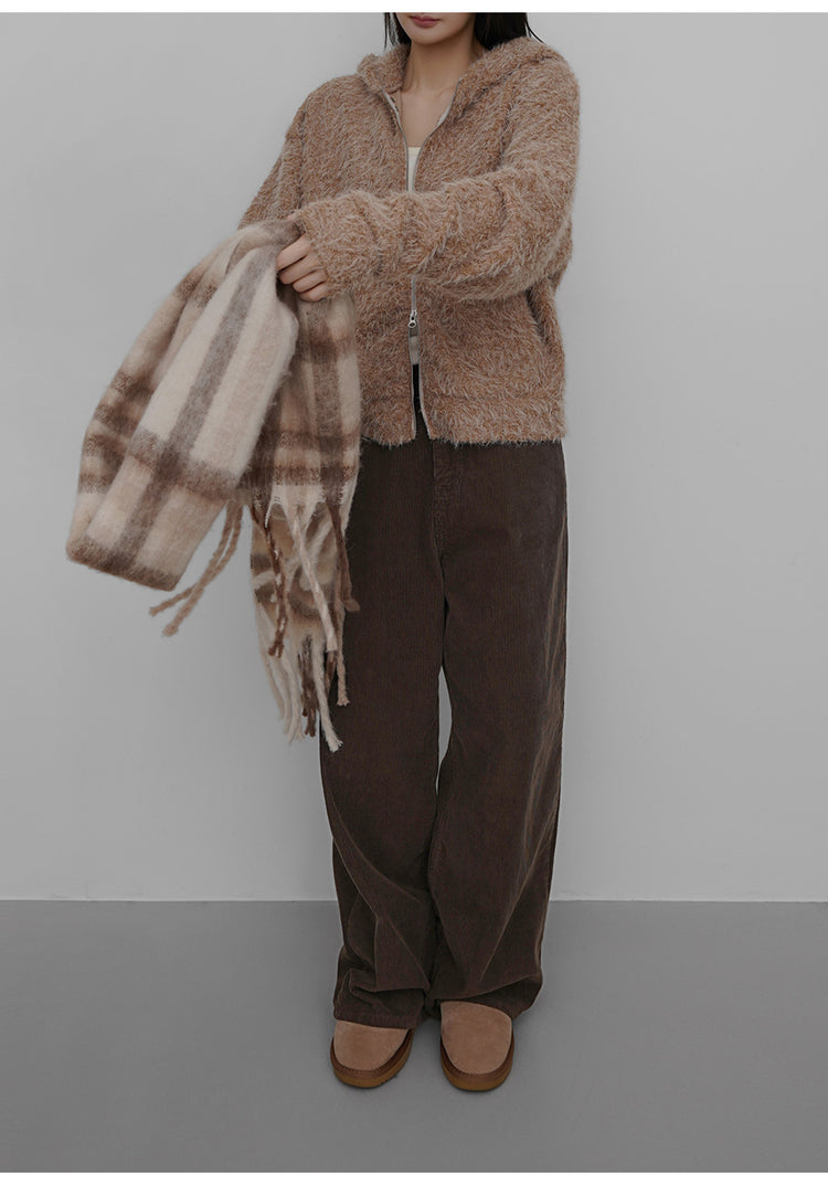 毛絨雙拉鏈鐵環細節連帽外套