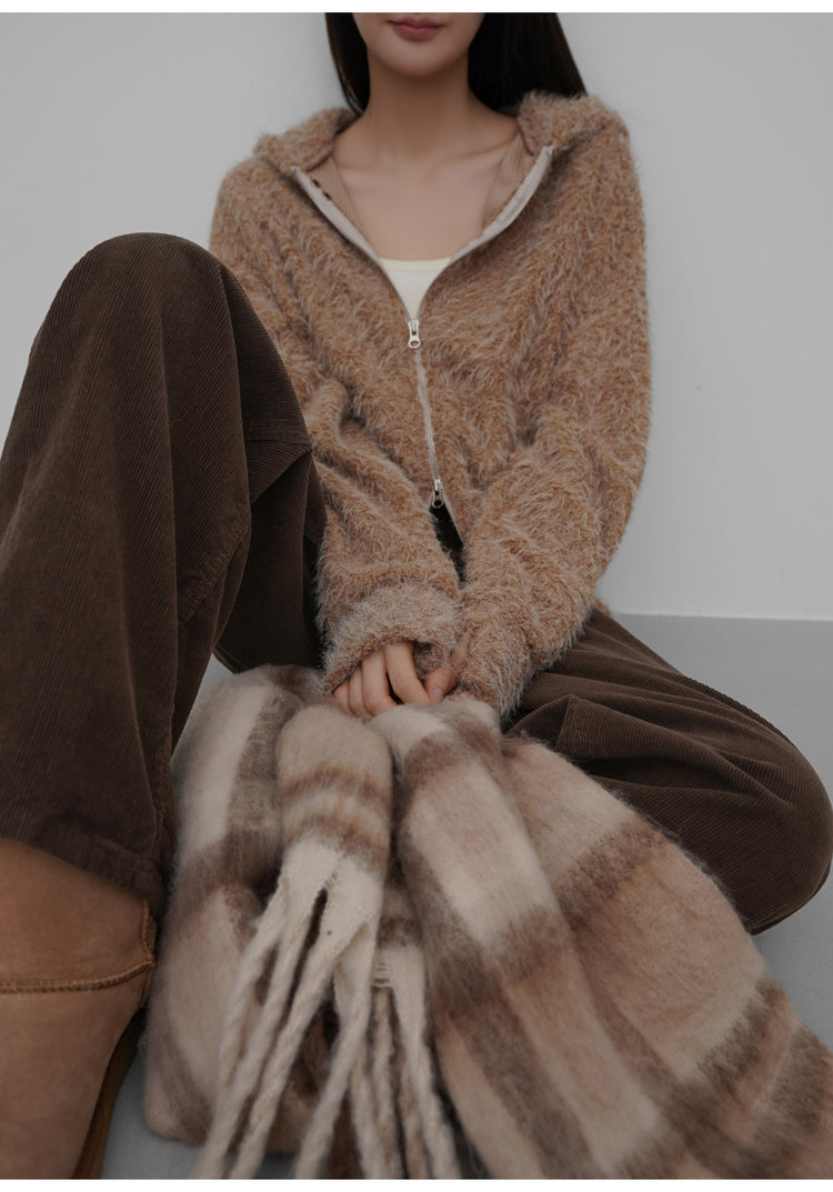 毛絨雙拉鏈鐵環細節連帽外套