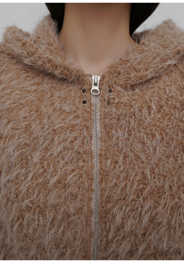 毛絨雙拉鏈鐵環細節連帽外套