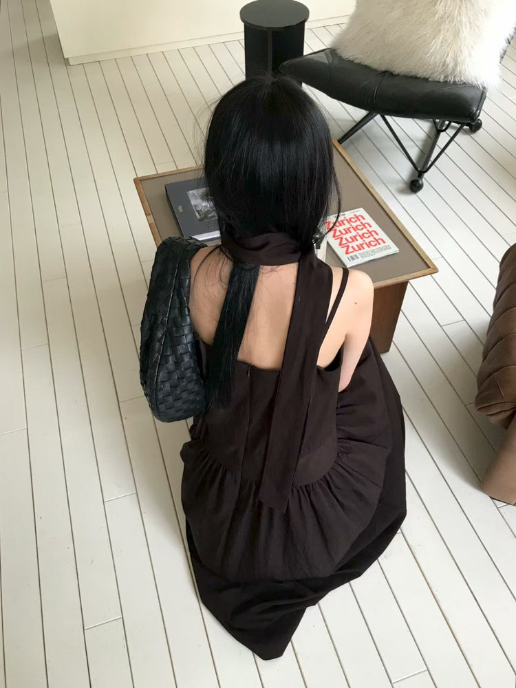 蕾絲抓皺細節綁帶連身裙