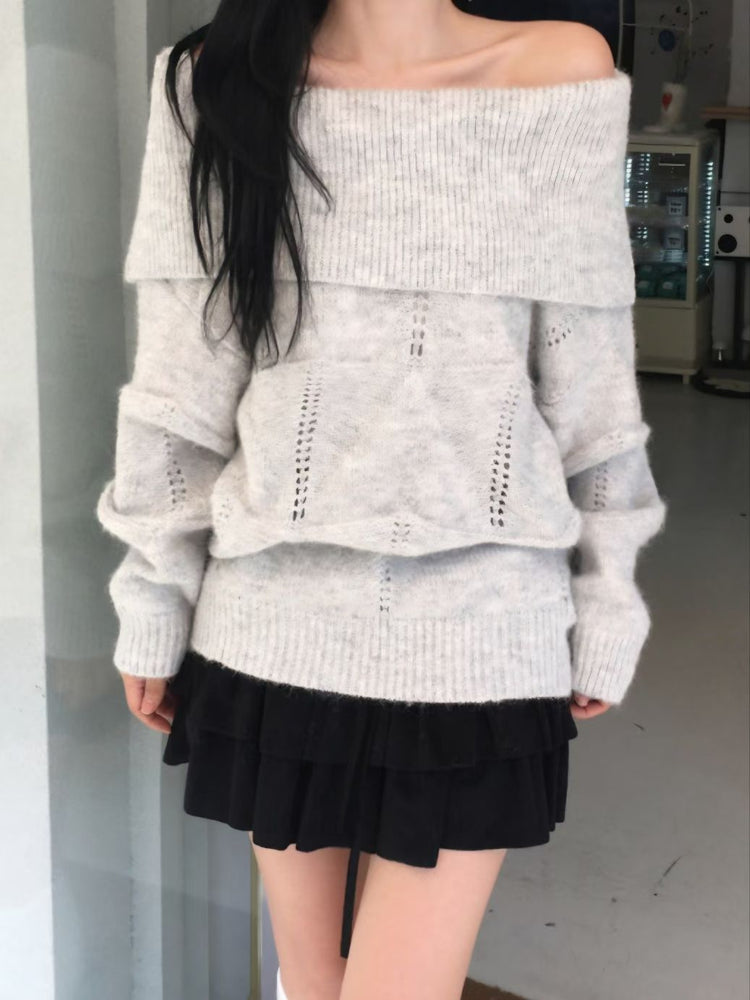 美肩紋理縷空紋理細節毛衣