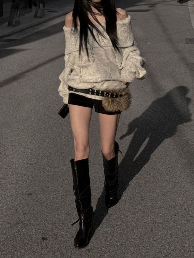 美肩紋理縷空紋理細節毛衣