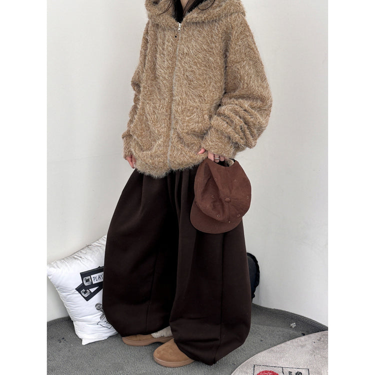 毛絨雙拉鏈鐵環細節連帽外套