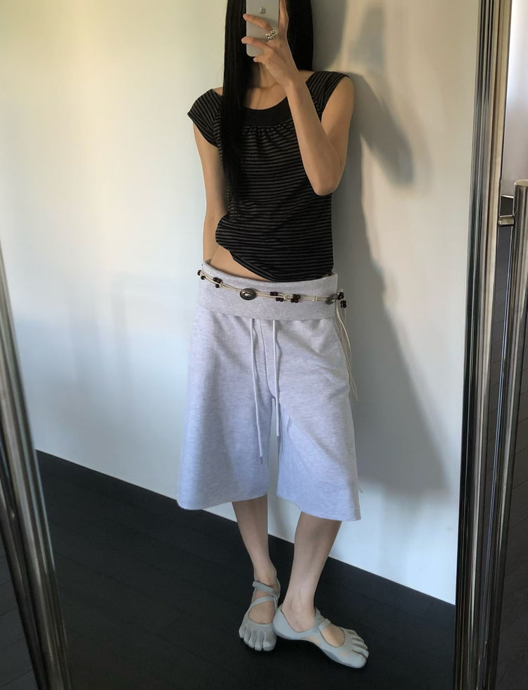 反折垂帶細節寬鬆七分棉褲