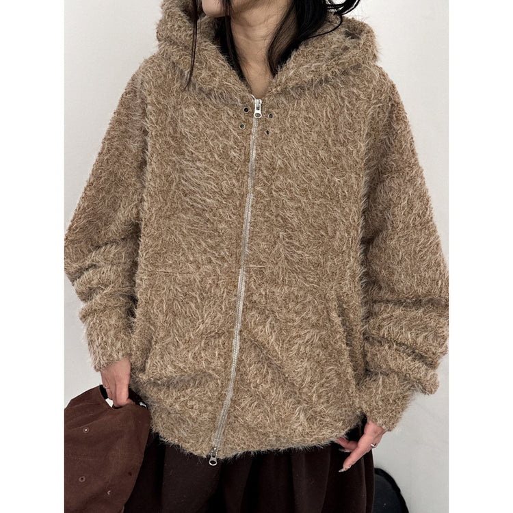 毛絨雙拉鏈鐵環細節連帽外套