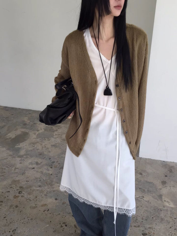 高級V領蕾絲邊綁帶細節連身裙