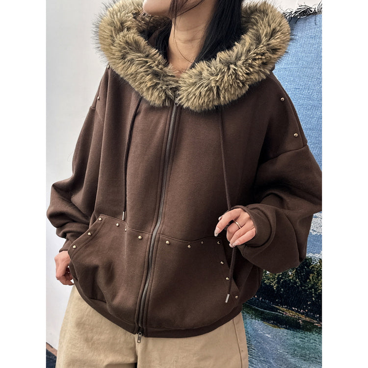 毛毛邊鉚釘細節連帽外套