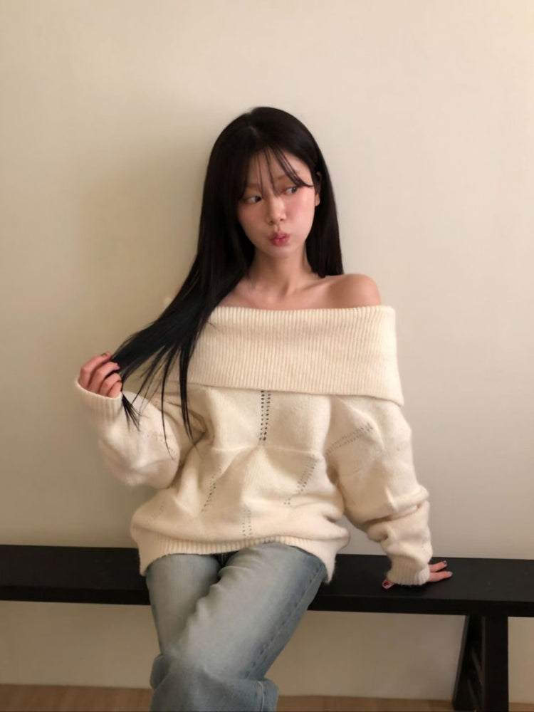 美肩紋理縷空紋理細節毛衣