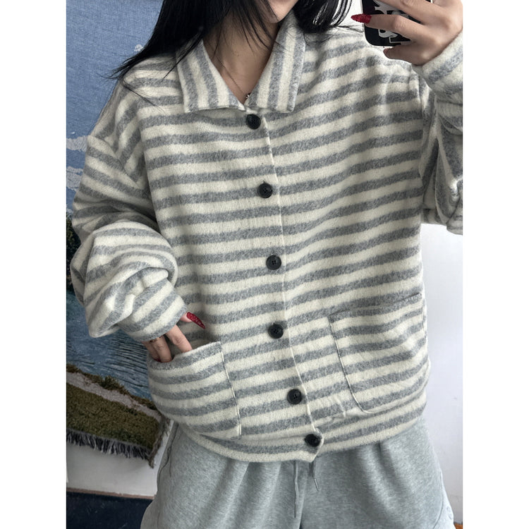 翻領撞色毛流感排鈕外套