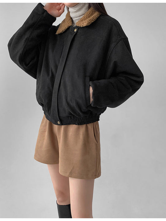 撞色毛毛領細節麂皮外套