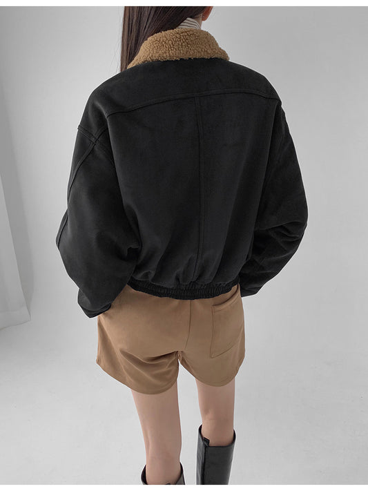 撞色毛毛領細節麂皮外套