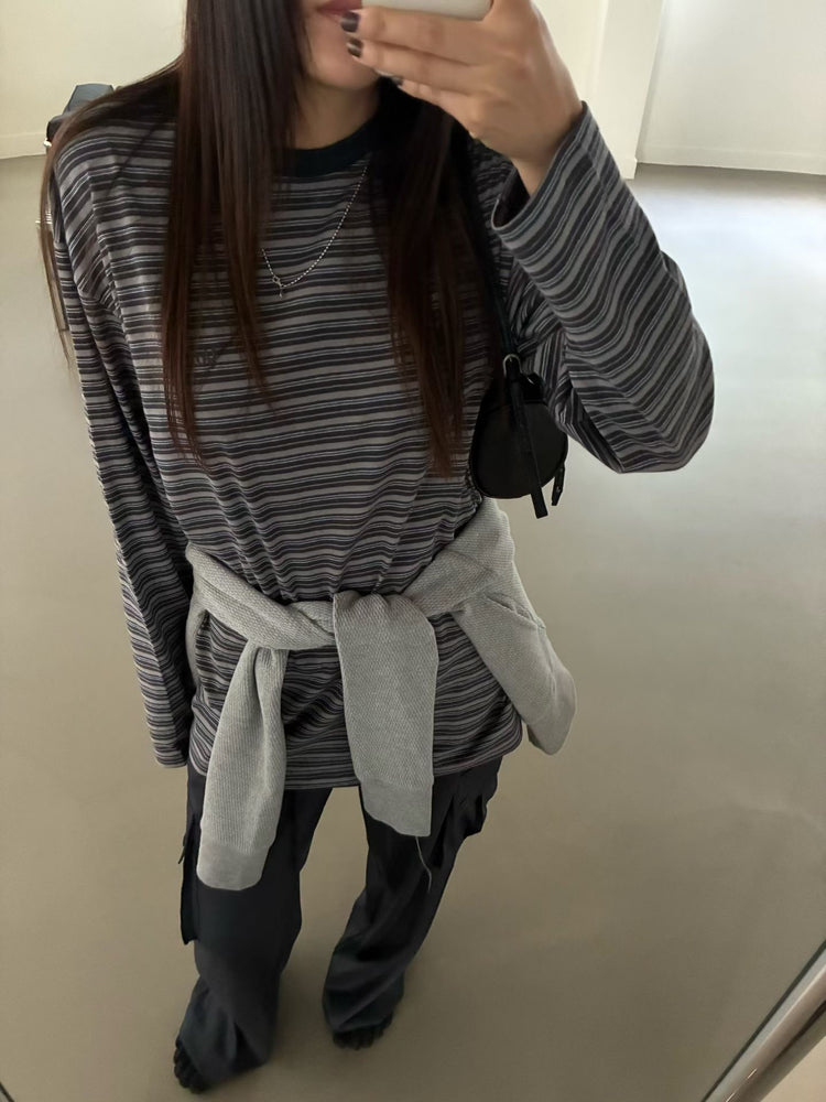 高質條紋撞色刺繡寬鬆上衣