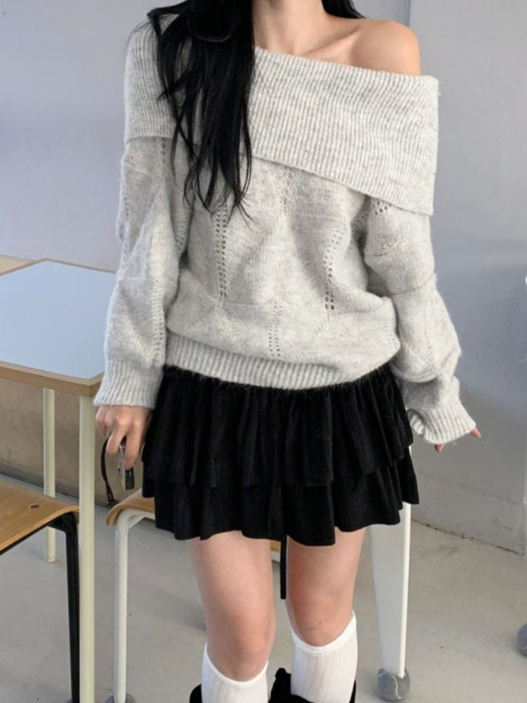 美肩紋理縷空紋理細節毛衣