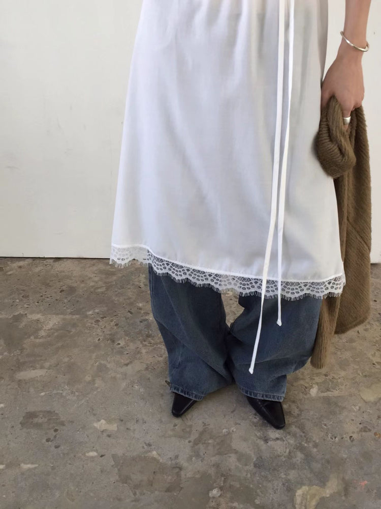 高級V領蕾絲邊綁帶細節連身裙