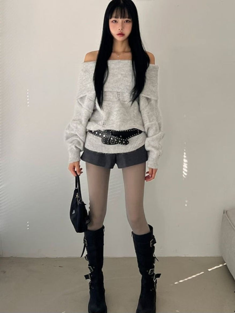 美肩紋理縷空紋理細節毛衣