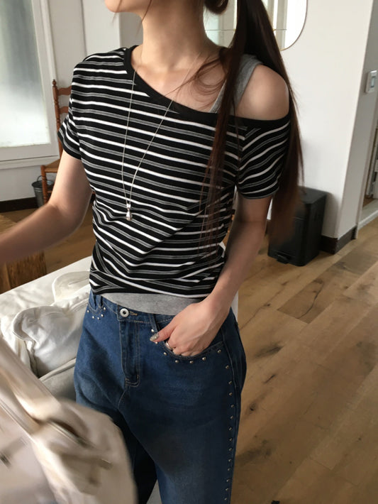 美肩撞色條紋上衣