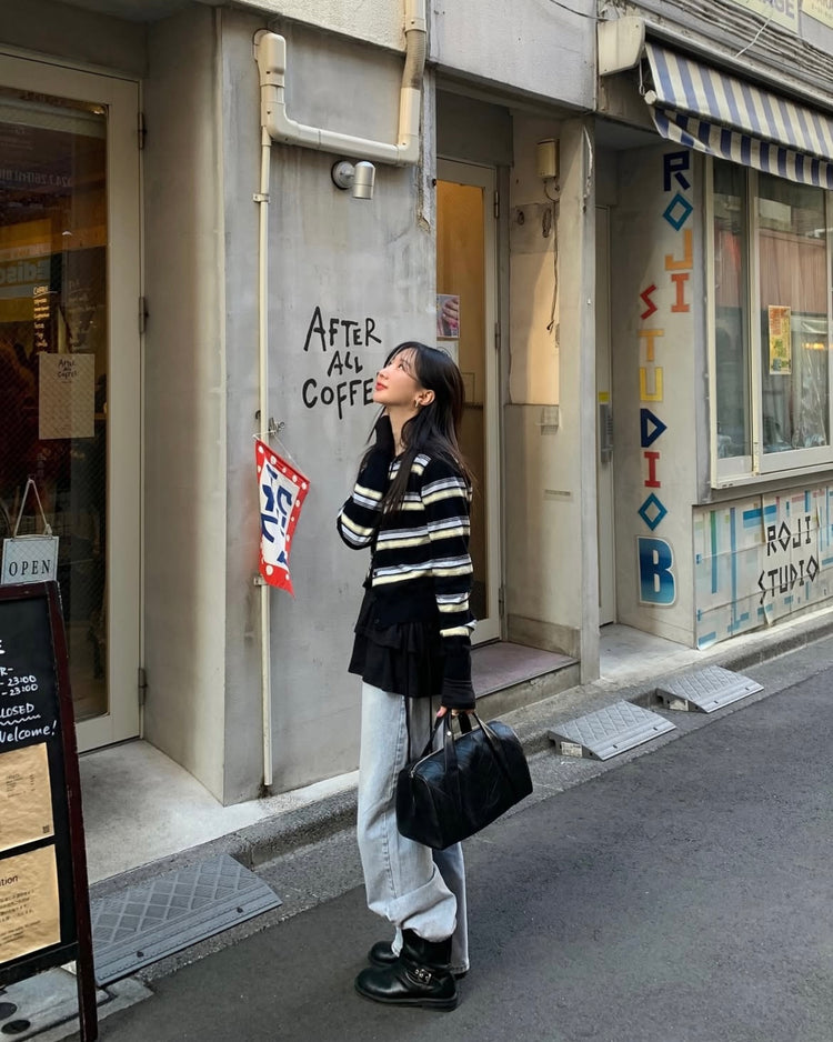 撞色條紋排鈕針織衫