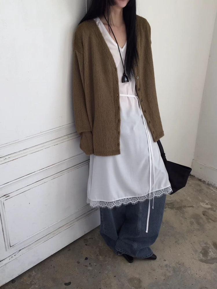 高級V領蕾絲邊綁帶細節連身裙