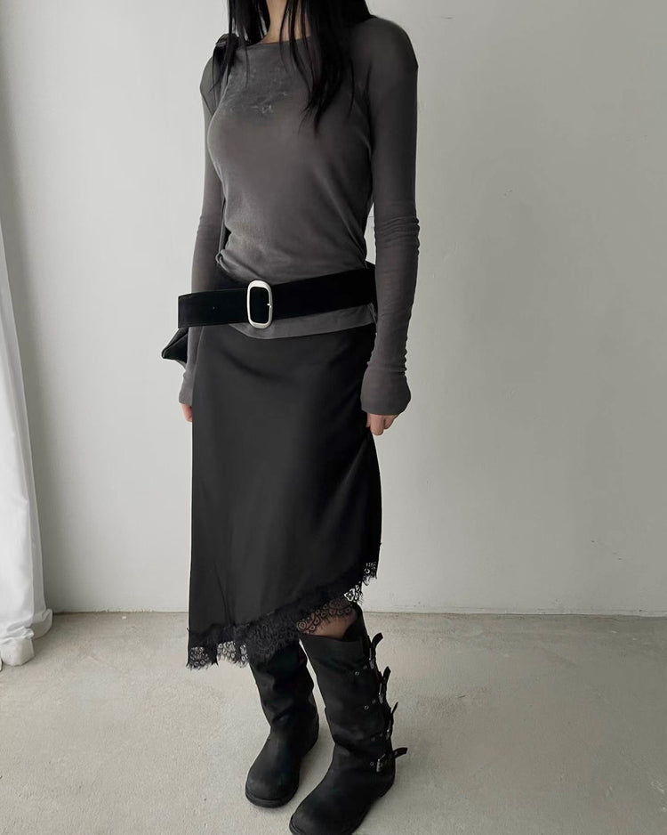 光澤感蕾絲邊不對稱細節半裙