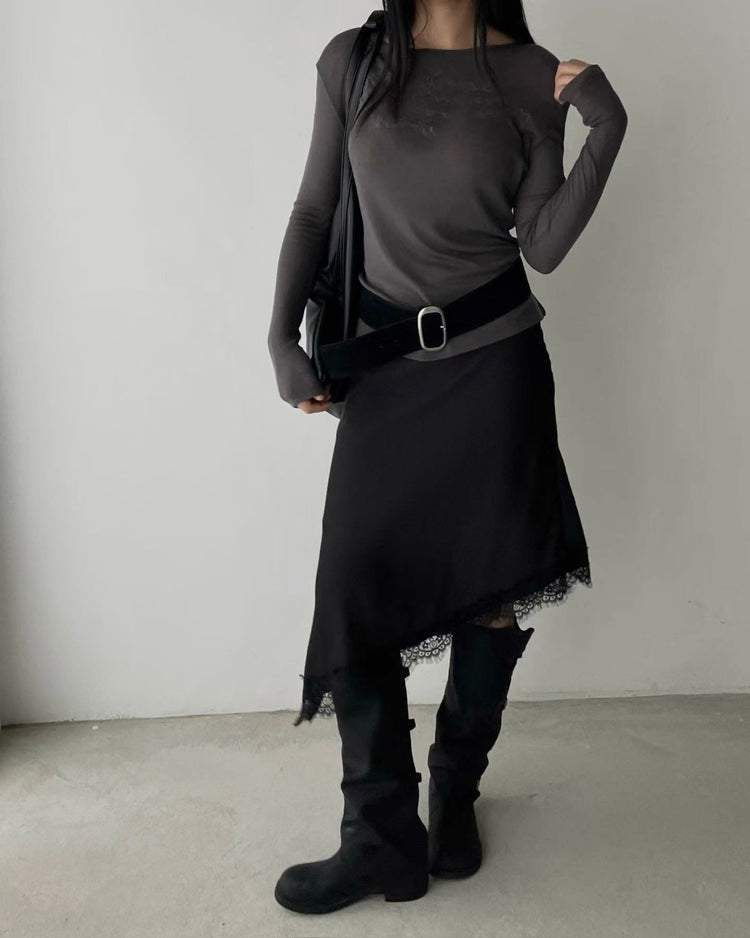 光澤感蕾絲邊不對稱細節半裙